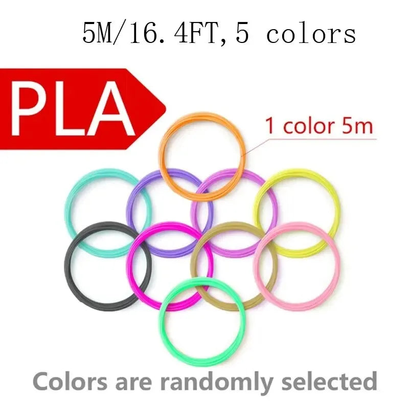A collection of colorful PLA filament rings in various colors and a 5m spool is shown.