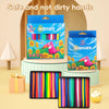 A set of washable non-toxic crayons with ergonomic triangular grips in various colors displayed in colorful packaging.