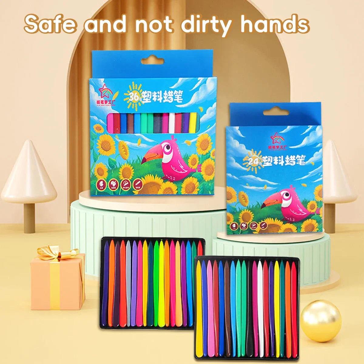 A set of washable non-toxic crayons with ergonomic triangular grips in various colors displayed in colorful packaging.