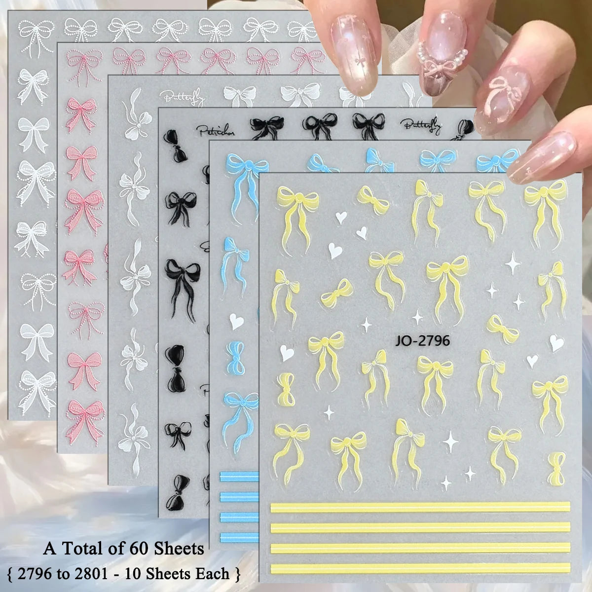 3D Bow Nail Stickers with Ribbon, Heart & Stripe Designs