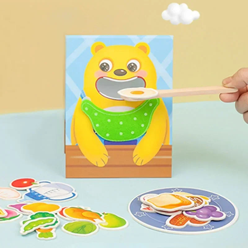 A yellow wooden bear toy is shown feeding food onto a plate, demonstrating fine motor skills for toddlers.