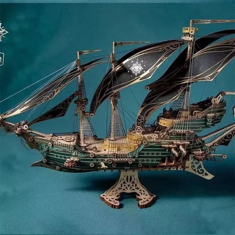 A detailed wooden puzzle model kit of a steampunk pirate ship with sails and rigging against a teal background.