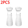 A pair of white kids' chef apron and hat set displayed side by side.