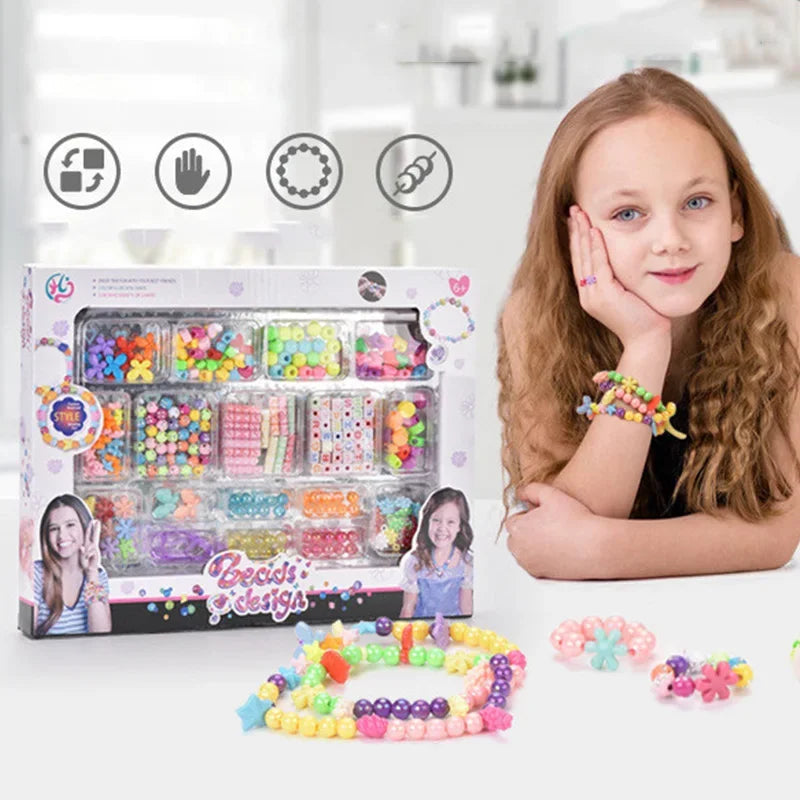 A box of DIY bead jewelry making kit for kids with various beads and tools, next to finished beaded bracelets.