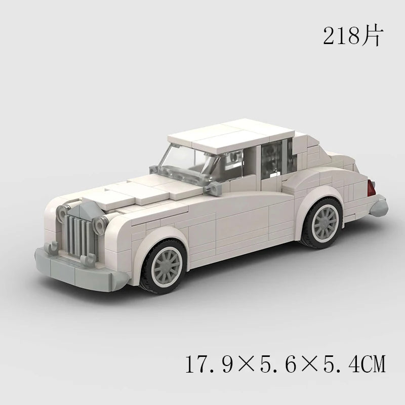 A white classic rally car model built from building blocks, shown in a side view.