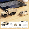 A model RC forklift truck in beige and black is shown next to its parts list and a laptop.