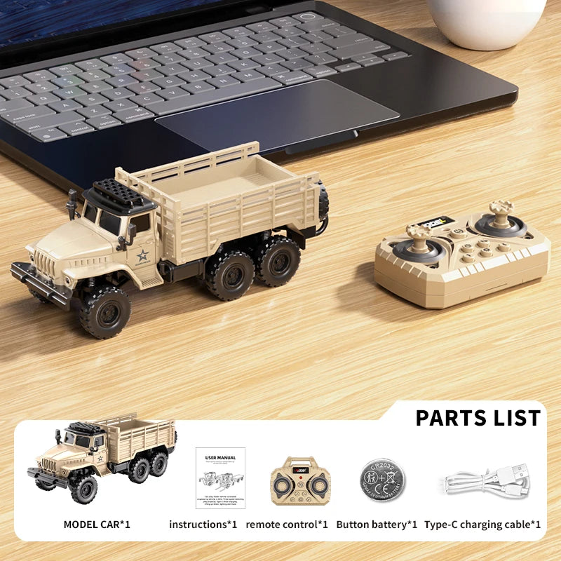 A model RC forklift truck in beige and black is shown next to its parts list and a laptop.