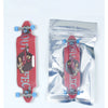 A red finger skateboard is shown, packaged in a clear plastic bag.