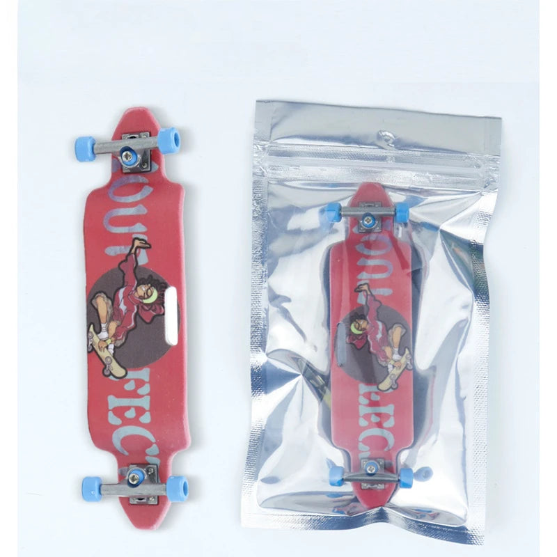 A red finger skateboard is shown, packaged in a clear plastic bag.