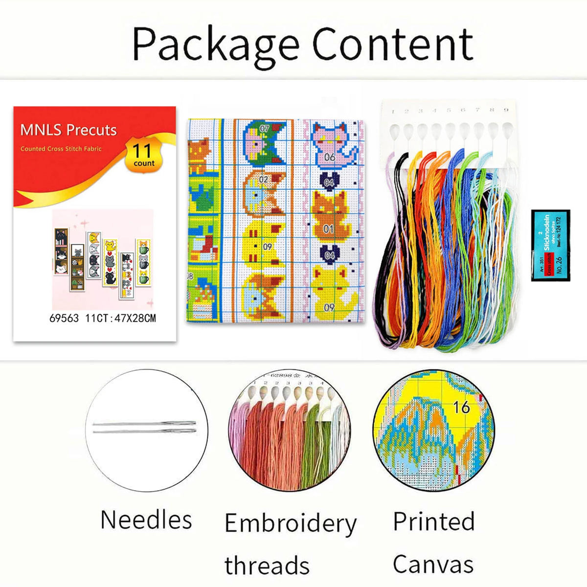 Package content showing needles, embroidery threads, and printed canvas for a cross-stitch kit.