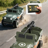 A green RC Jeep Willys 4WD off-road crawler is shown driving on a dirt track with a card-style remote control.