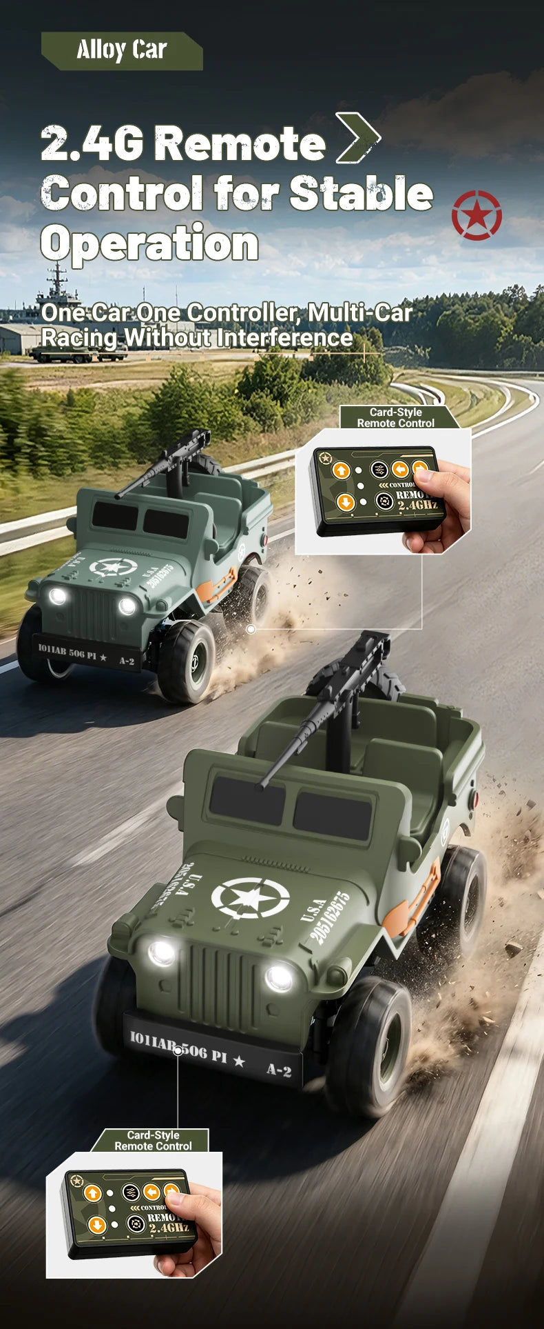 A green RC Jeep Willys 4WD off-road crawler is shown driving on a dirt track with a card-style remote control.