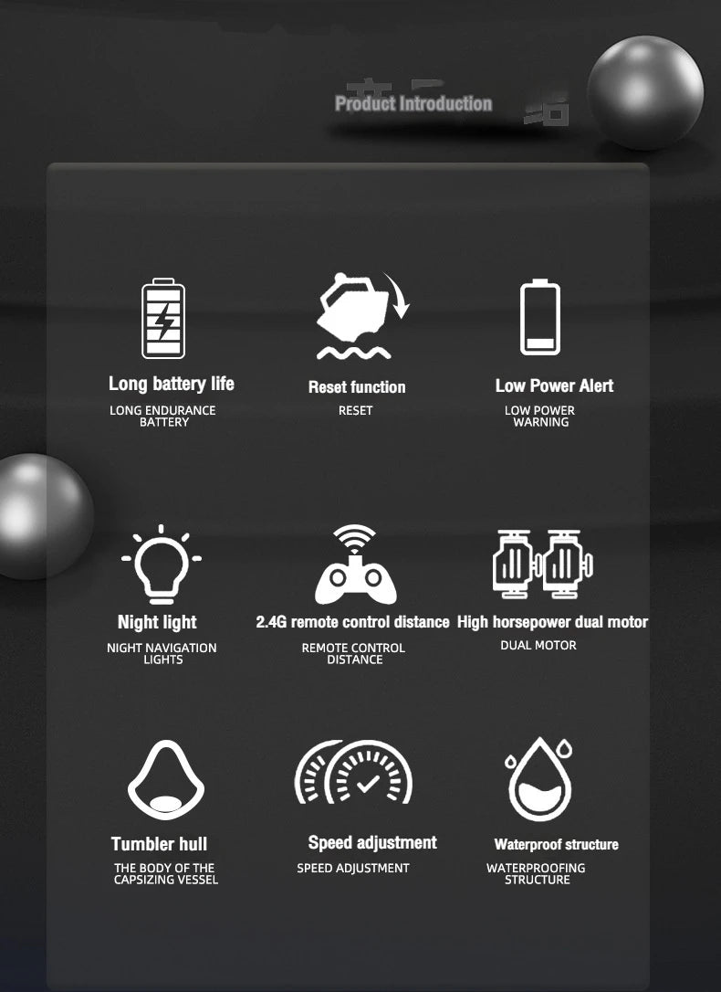 Features of a 2.4G RC speedboat for kids including long battery life, reset function, low power alert, night light, remote co