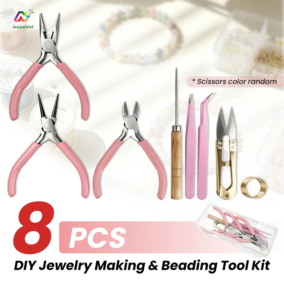 An assortment of 8 DIY jewelry making and beading tools including pliers, nippers, and cutters in various colors.