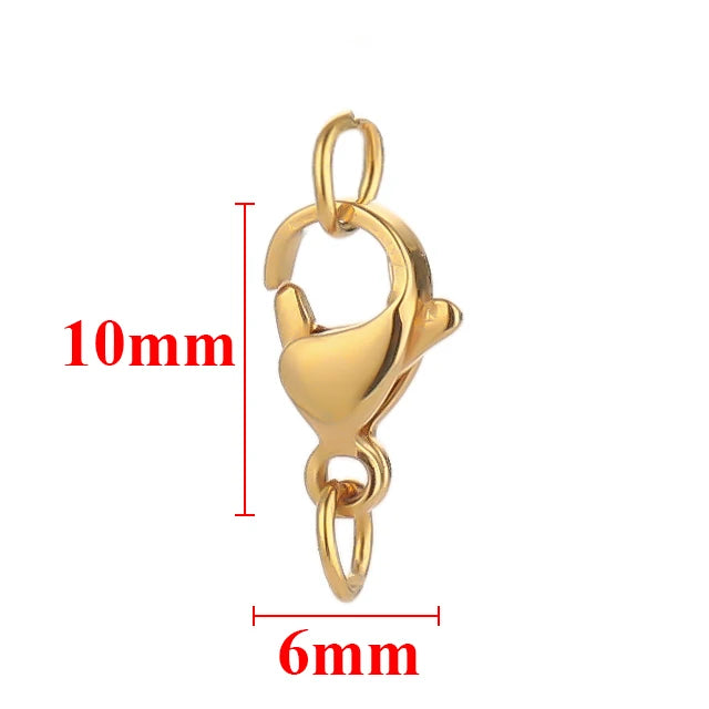 Gold-colored stainless steel lobster clasps and jewelry connectors set with 10mm and 6mm measurements