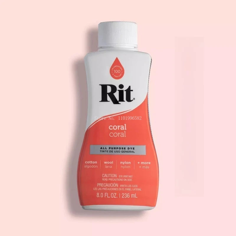 A bottle of Rit All Purpose Dye in coral color with a white cap.