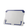 A white adjustable portable book stand with purple accents.