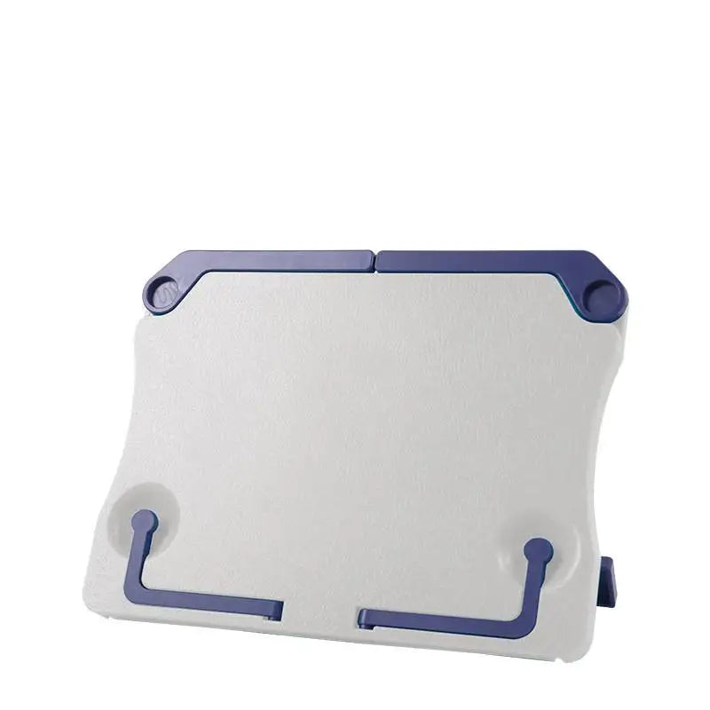 A white adjustable portable book stand with purple accents.
