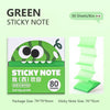 A box of green sticky notes with a pull-through dispenser, showing 80 sheets inside.