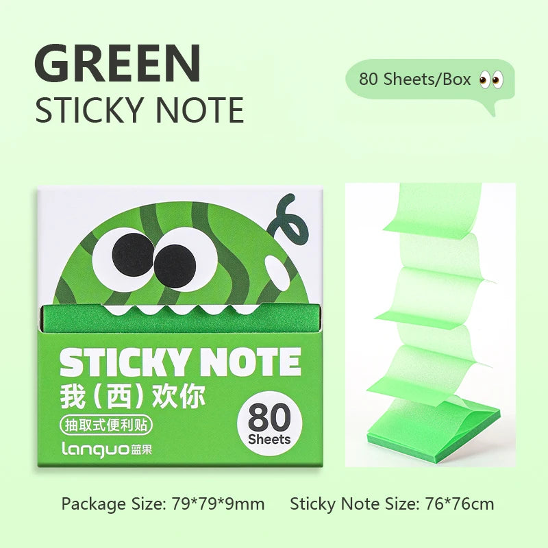 A box of green sticky notes with a pull-through dispenser, showing 80 sheets inside.
