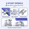 A white remote control stunt robot dog with 8 wheels performing climbing stunts, rotation, and obstacle avoidance functions.