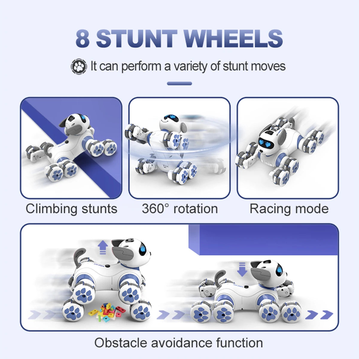 A white remote control stunt robot dog with 8 wheels performing climbing stunts, rotation, and obstacle avoidance functions.