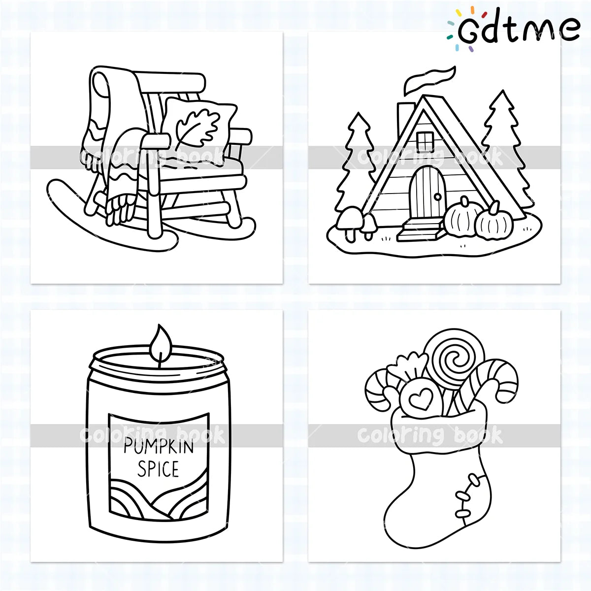 A line drawing of a cozy autumn scene featuring a wooden bench and a pumpkin house.