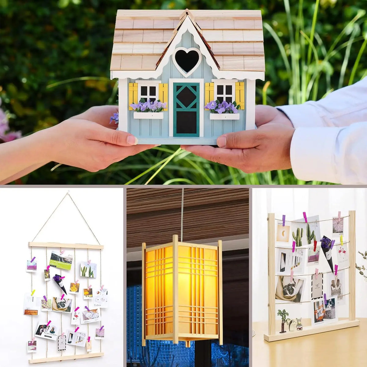 A wooden house craft kit featuring a light blue facade, green door, and white trim, held by hands.