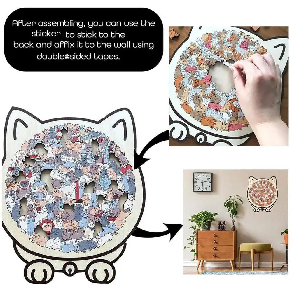 A cat-shaped wooden jigsaw puzzle with 135 unique pieces, shown being affixed to a wall using double-sided tape.