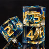 A set of resin dice featuring golden elven numbers inspired by Lord of the Rings