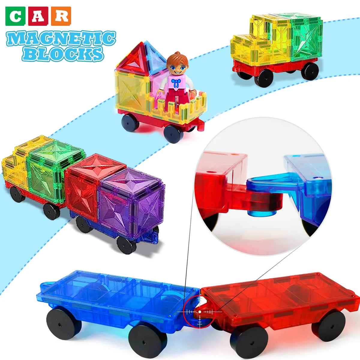 A set of colorful magnetic building blocks shaped like toy trucks and various geometric pieces.
