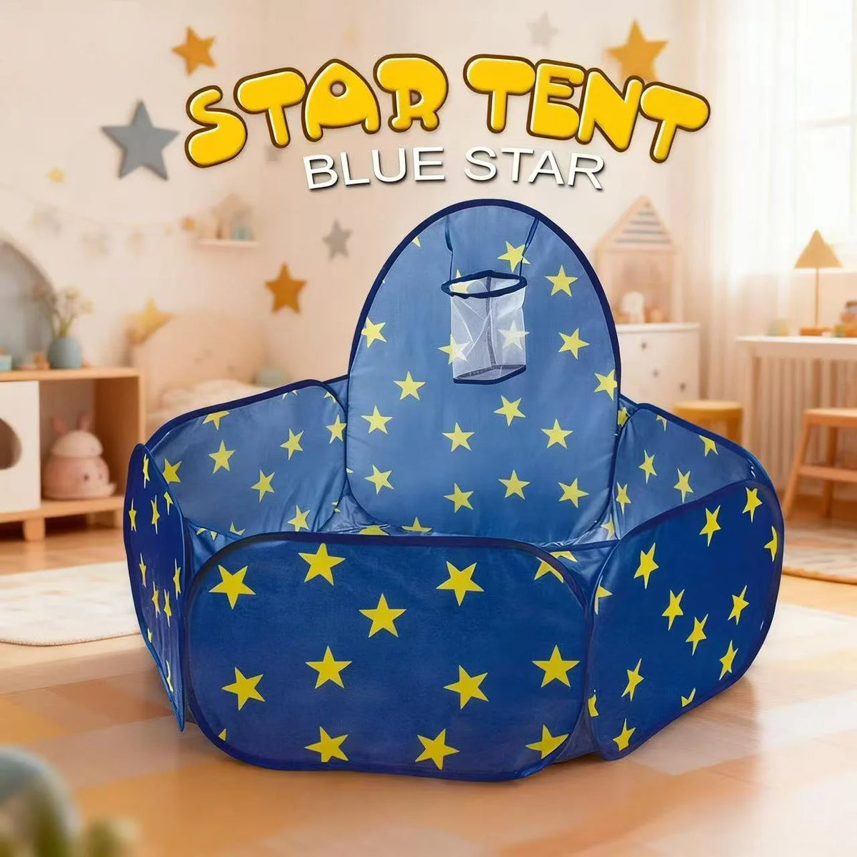 A blue star themed play tent with a mesh window is set up on a wooden floor.