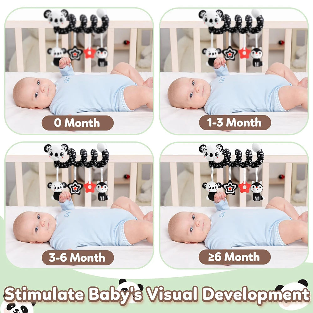 A set of visual development toys for babies showing progression from 0 to 6 months.