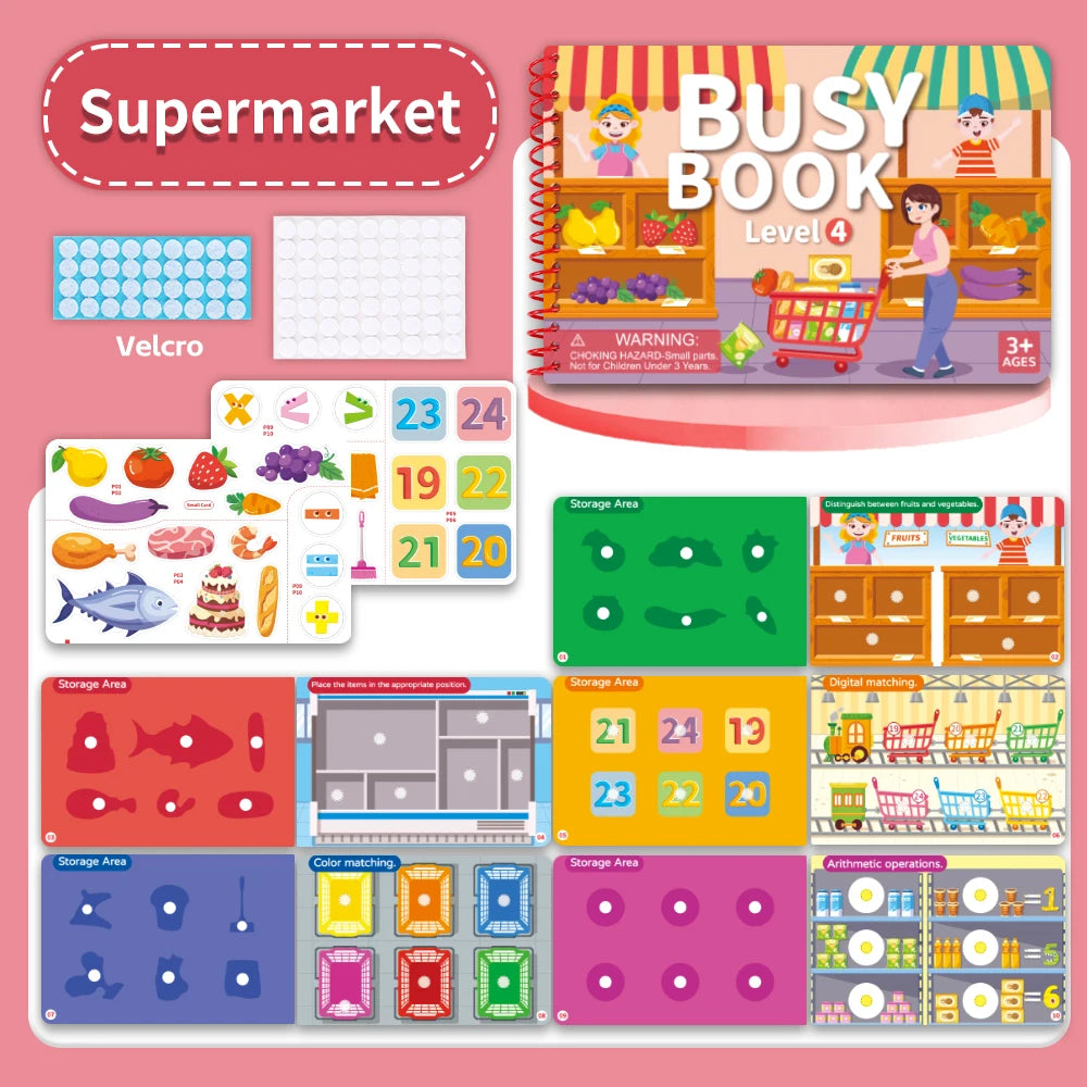 A Busy Book for Level 4 Montessori quiet book featuring various sticker and matching activities for toddlers