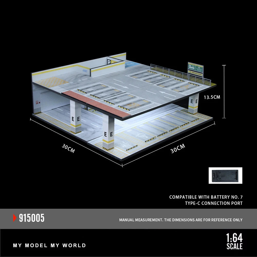 A 1:64 scale LED light-up underground garage diorama featuring a detailed model layout and car display area.