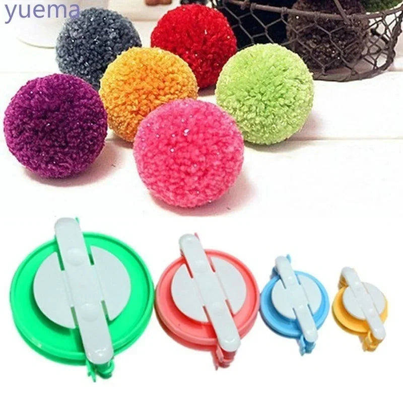 A collection of colorful pom-poms and a set of tools for DIY knitting and craft work