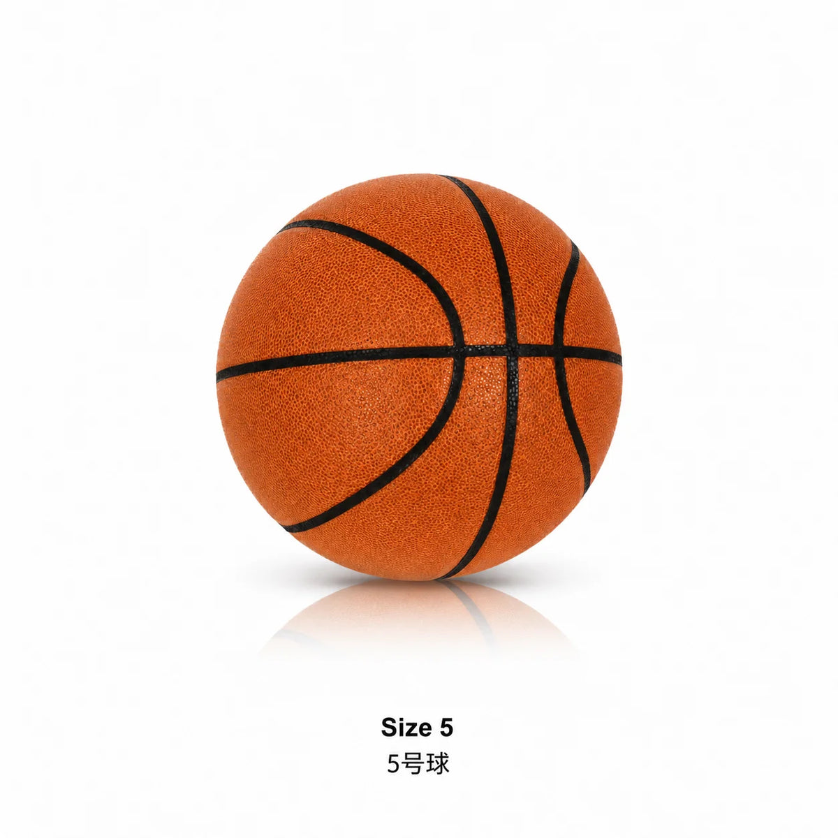 An orange basketball with black lines, labeled as Size 5.