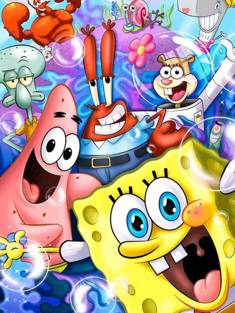 A vibrant illustration featuring characters from SpongeBob SquarePants in a diamond painting style.