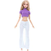A fashion doll wearing a purple cropped top and white flared pants.