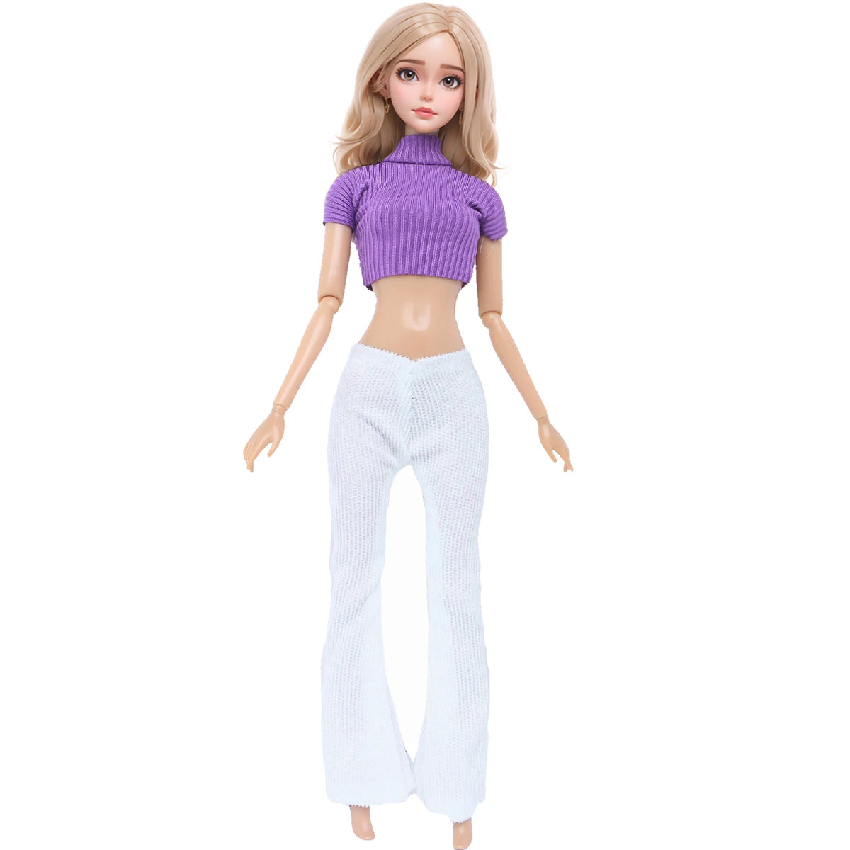 A fashion doll wearing a purple cropped top and white flared pants.
