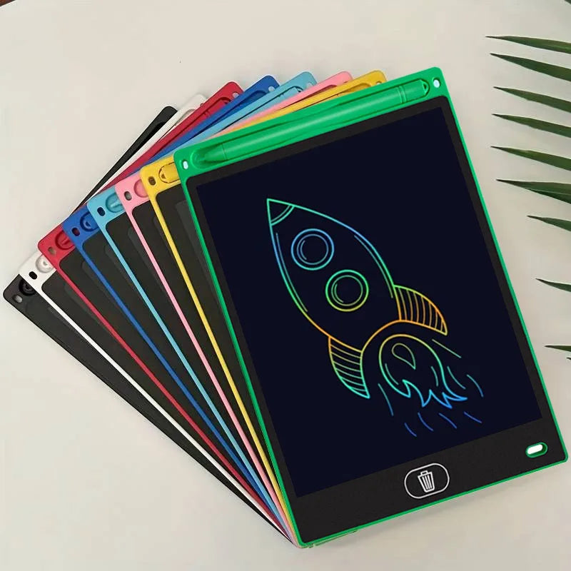 A stack of colorful, reusable LCD drawing tablets for kids, featuring a rocket design on the top tablet.