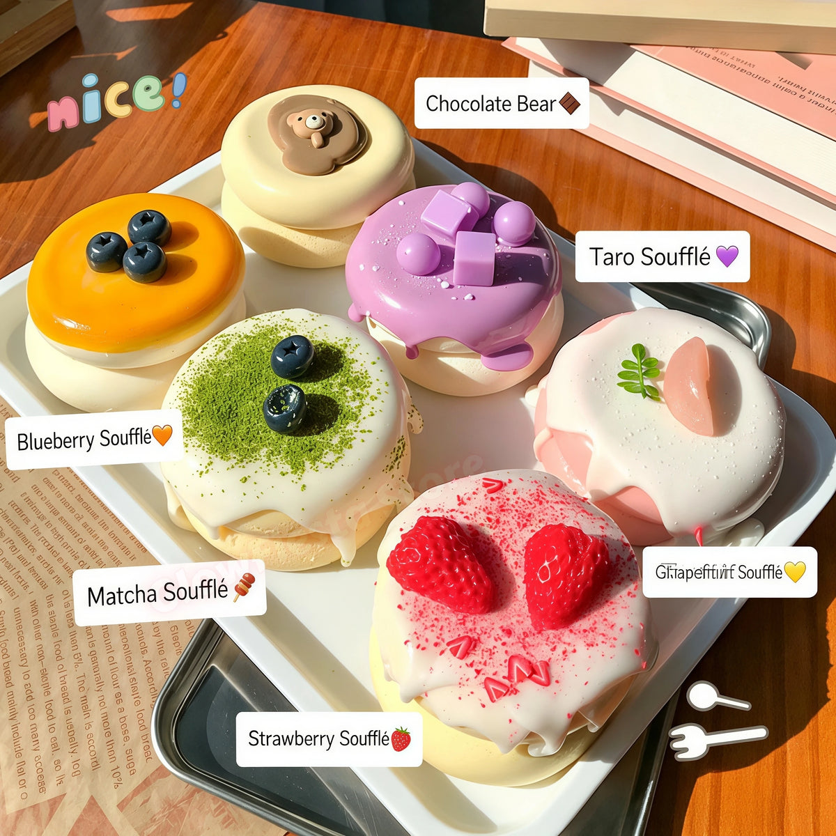 A platter of various colorful and decorated soufflé toys including a chocolate bear, tarot card, blueberry, matcha, and straw