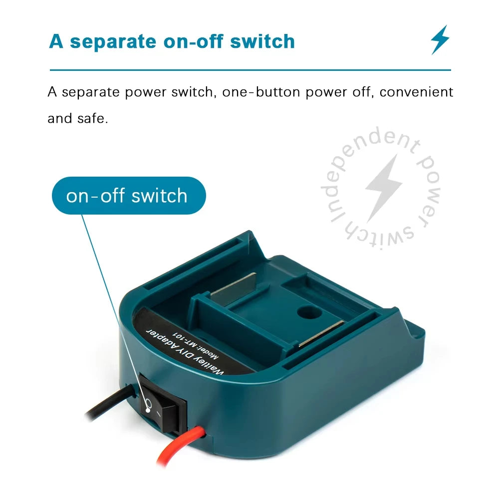 A teal on-off switch and power adapter for DIY projects.