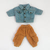 A denim jacket and matching corduroy pants set for 1/12 scale dolls.