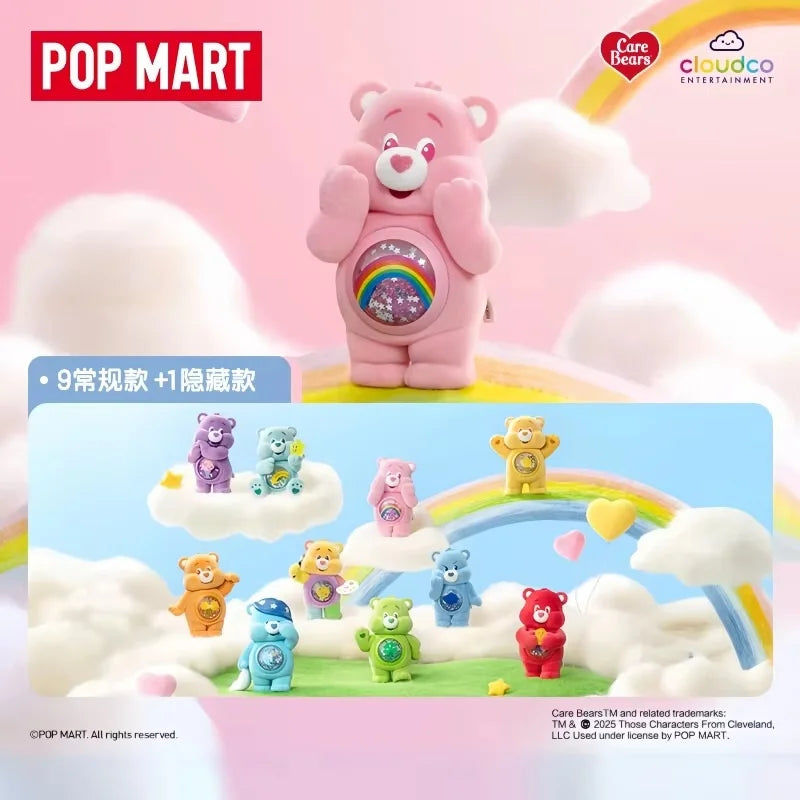 A pink Care Bear figurine stands in a cloud setting with colorful bears and rainbow elements.