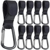 Set of aluminum alloy stroller hooks with nylon straps for securing strollers.