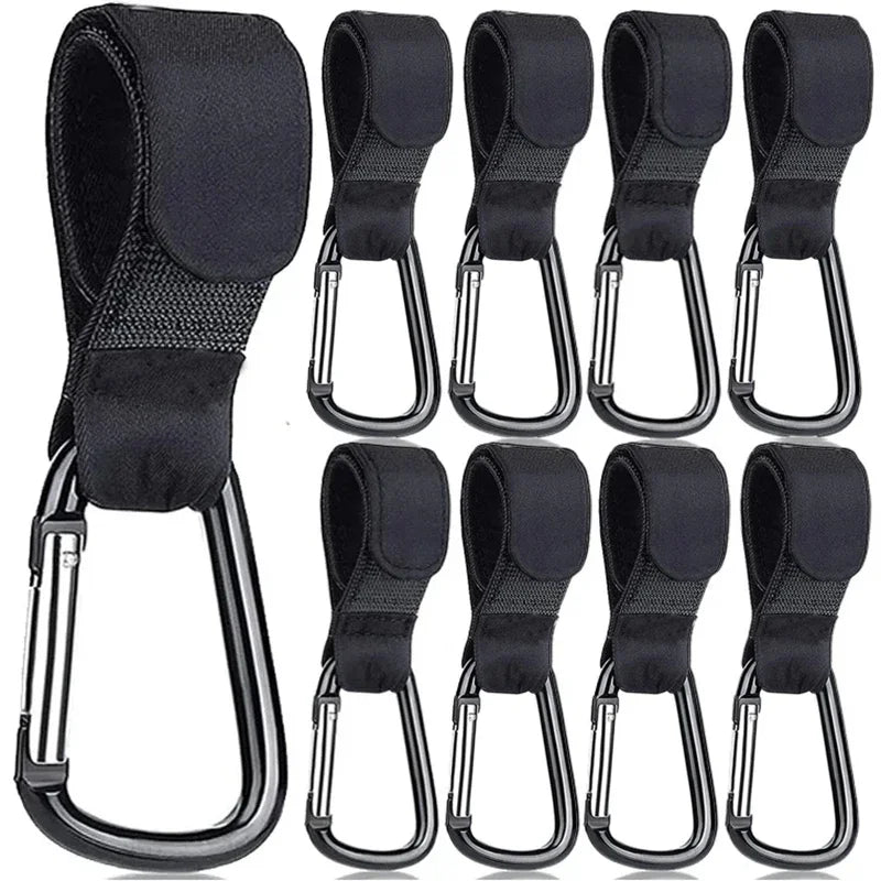 Set of aluminum alloy stroller hooks with nylon straps for securing strollers.