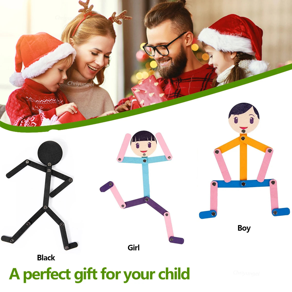 A set of wooden stick puzzles for children, including a black and pink girl puzzle and an orange boy puzzle.