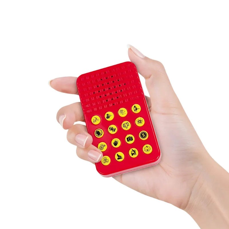A hand holds a red button with multiple yellow sound effect buttons for parties and pranks.