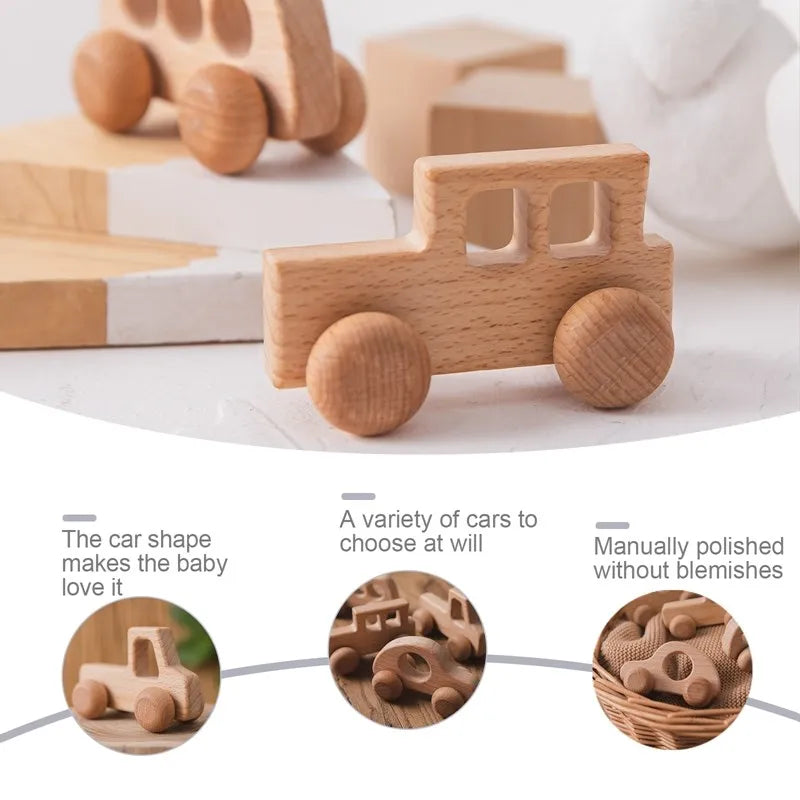 A wooden Montessori push cart toy featuring a handcrafted beech car and bus set.